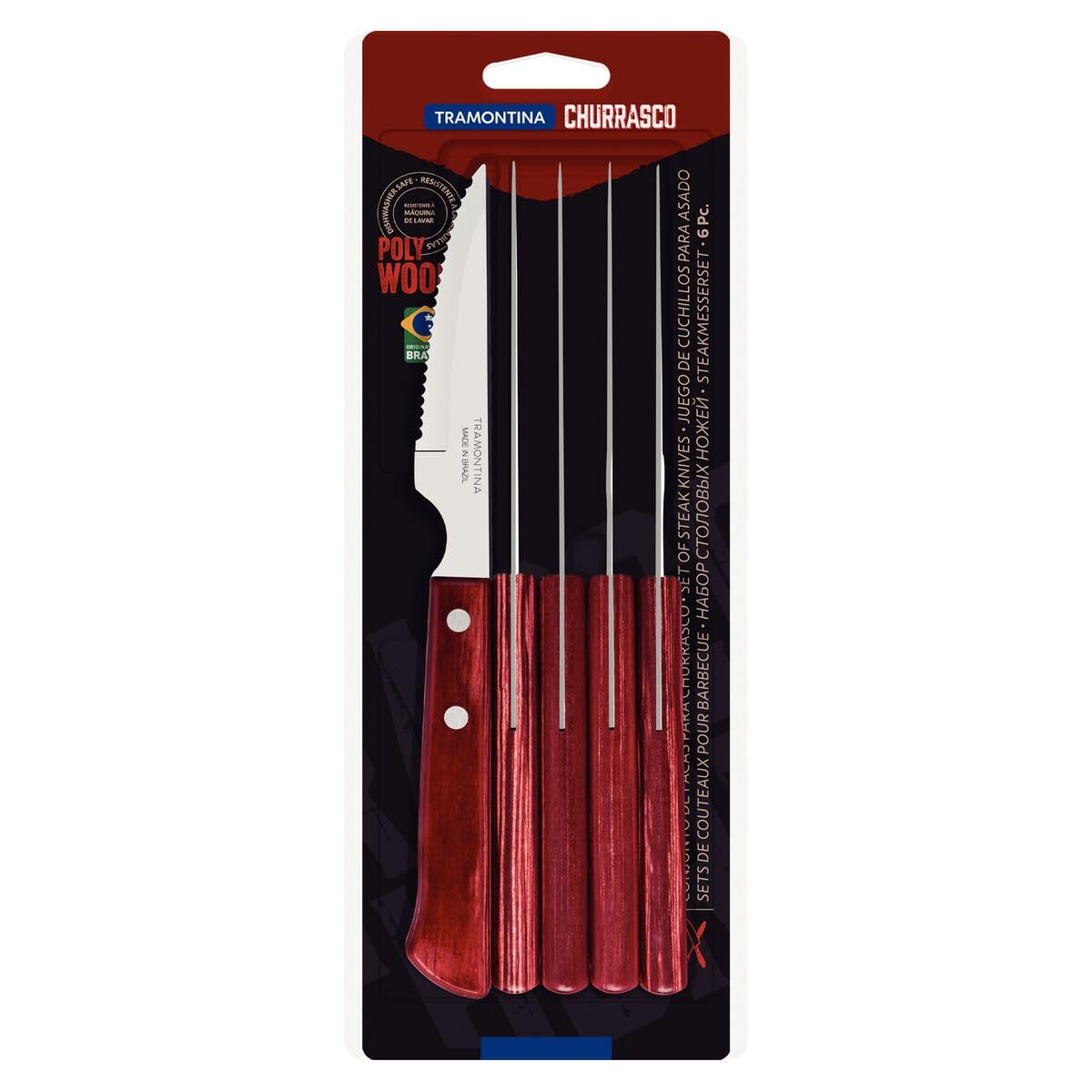6-Piece Knife Set, Stainless-Steel Blades, Durable Treated Red Polywood Handles, Professional Kitchen Utensils for Cutting, Chopping, and Slicing