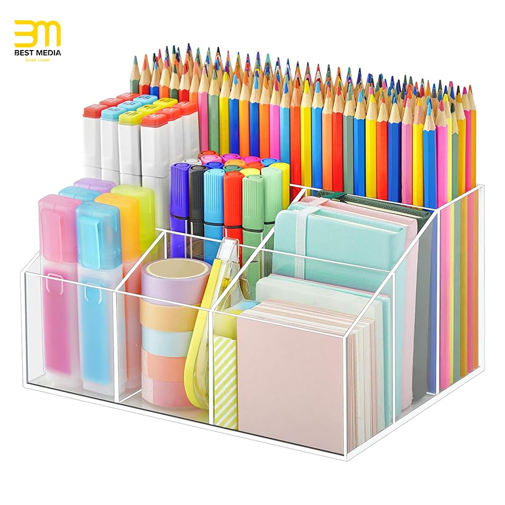 7-Compartment Clear Acrylic Pen Holder and Desk Organizer, Desktop Stationery Caddy for Pencils, Markers, and Scissors for Office, School, Home, and Art Supply Storage