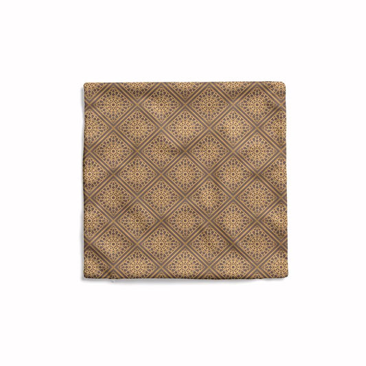 Era Velvet Cushion Cover in Brown & Gold, a rich 40x40 cm decorative throw pillow featuring a luxurious Islamic pattern, perfect for creating an opulent and warm festive atmosphere