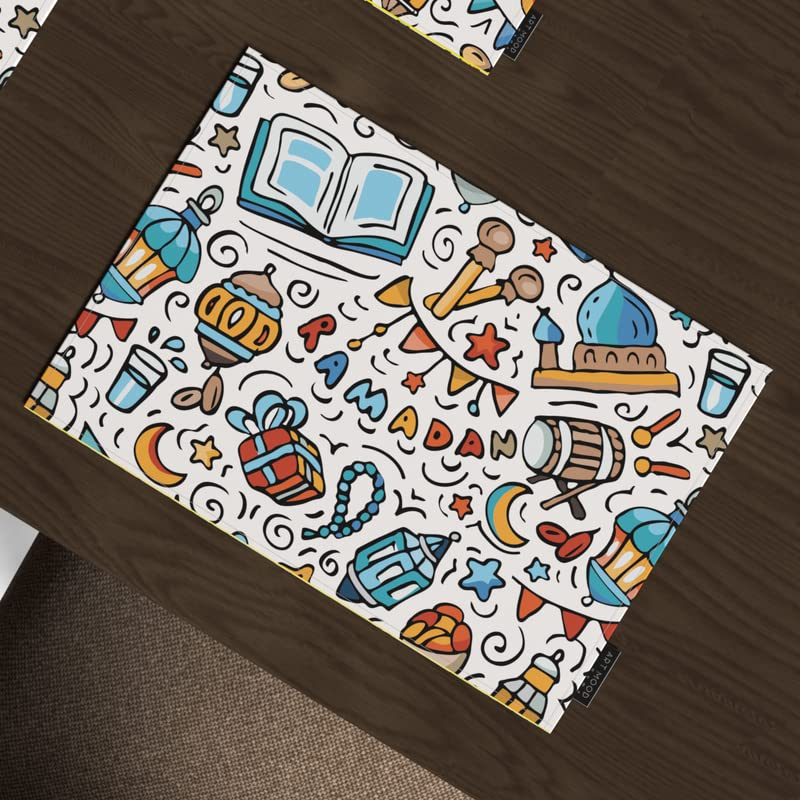 طقم أوروس لمفارش الطعام، مكون من 7 قطع، مع 6 مفارش طعام قماشية متعددة الألوان (45×30 سم) و1 مفرش (35×140 سم)، بتصميم إسلامي فني فريد من نوعه لتقديم طعام نابض بالحياة.