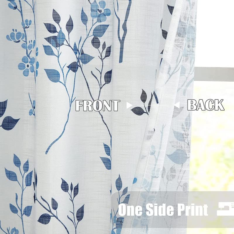 Rich Natural Linen curtains - Printed floral curtains- Semi-transparent - Steel grommets for living room, bedroom, kitchens, 1 piece