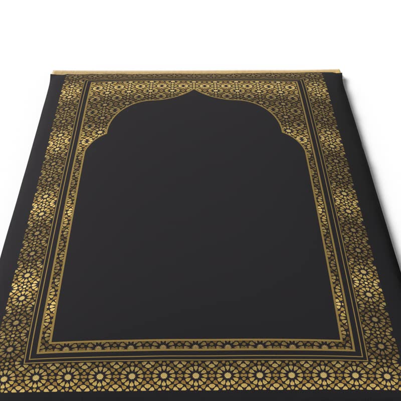 Velvet Prayer Rug Mat in classic Gold and Black, 68x117 cm, made from a soft material to provide a comfortable and dedicated space for your daily Islamic prayers and devotion at home