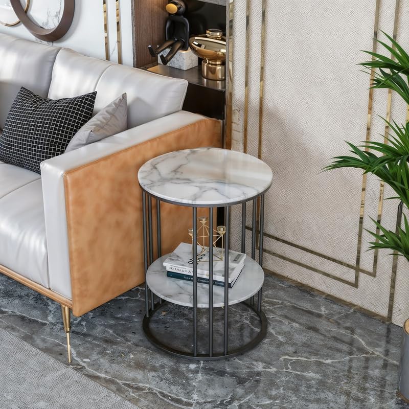 2-Tier Round Faux Marble Side Table, Modern Sofa Table with Black Iron Frame, Luxury Coffee Table for Living Room, Bedroom, or Office – 40D x 40W x 54H CM