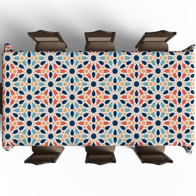 Islamic Arabesque Waterproof Tablecloth, a Multicolor 140x300 cm Rectangular Table Cover of Spillproof Polyester with an Islamic Pattern, a Durable Protector for Festive Family Gatherings