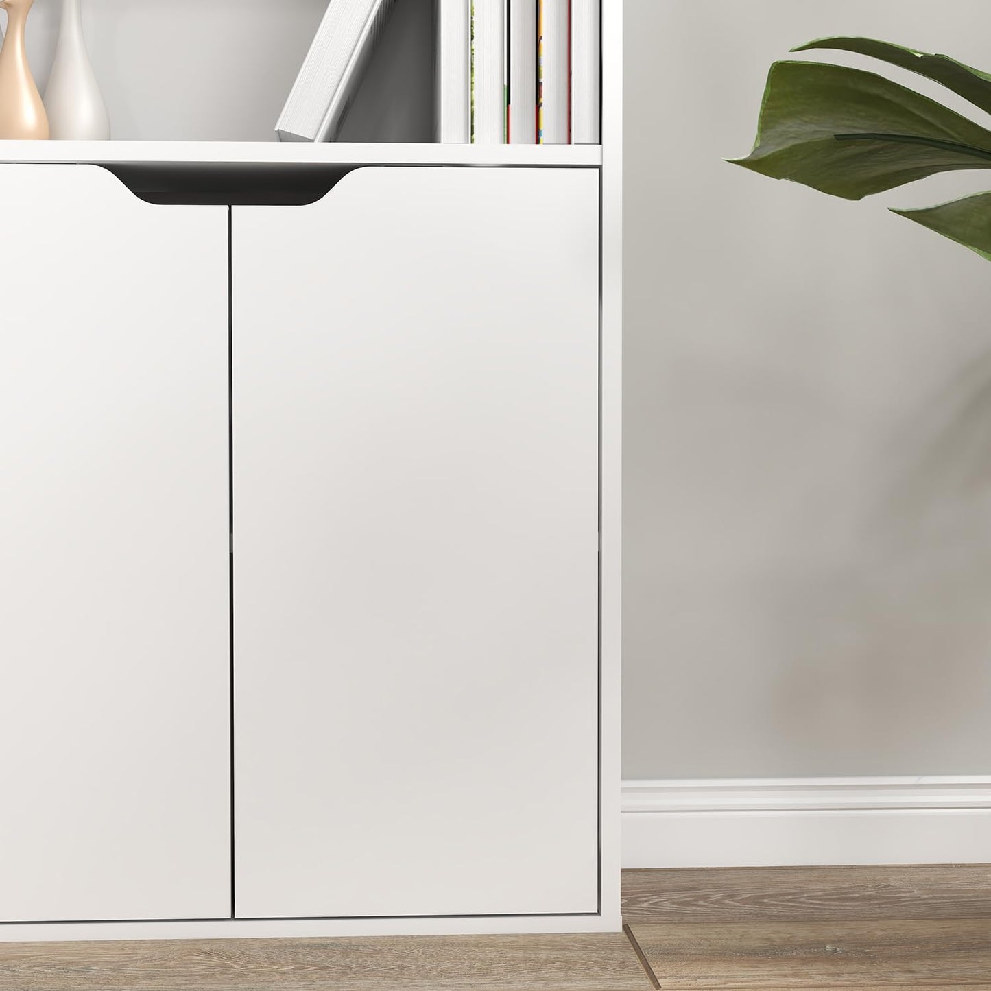 6 Tier Bookcase with 2 Doors in White, Wooden Cube Shelves, Tall Bookshelf Storage Cupboard, Soild Wood Organizer Display Free Standing Unit for Living Room