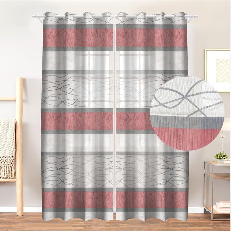 Modernistic Linen Curtain Panel - Crosswise Striped Sheer - Semi-Transparent - Steel Grommets - 1 Piece