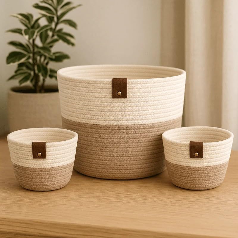 Organizer Baskets Set of 3, Cotton Rope Woven Storage Bins with Handles, Soft Durable Decorative Baskets for Blanket Toys Laundry Books Cosmetics, Natural Minimalist Design