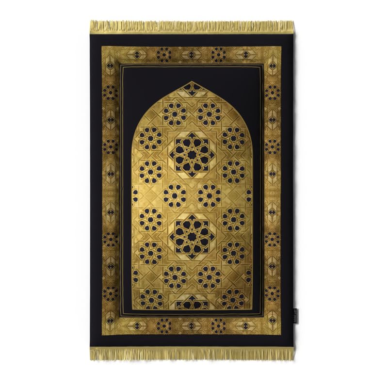 سجادة صلاة مخملية مبطنة رائعة باللونين الذهبي والأسود، 68×117 سم، سجادة ناعمة بتصميم جميل مع حشوة سميكة لتجربة صلاة مريحة وفاخرة كل يوم