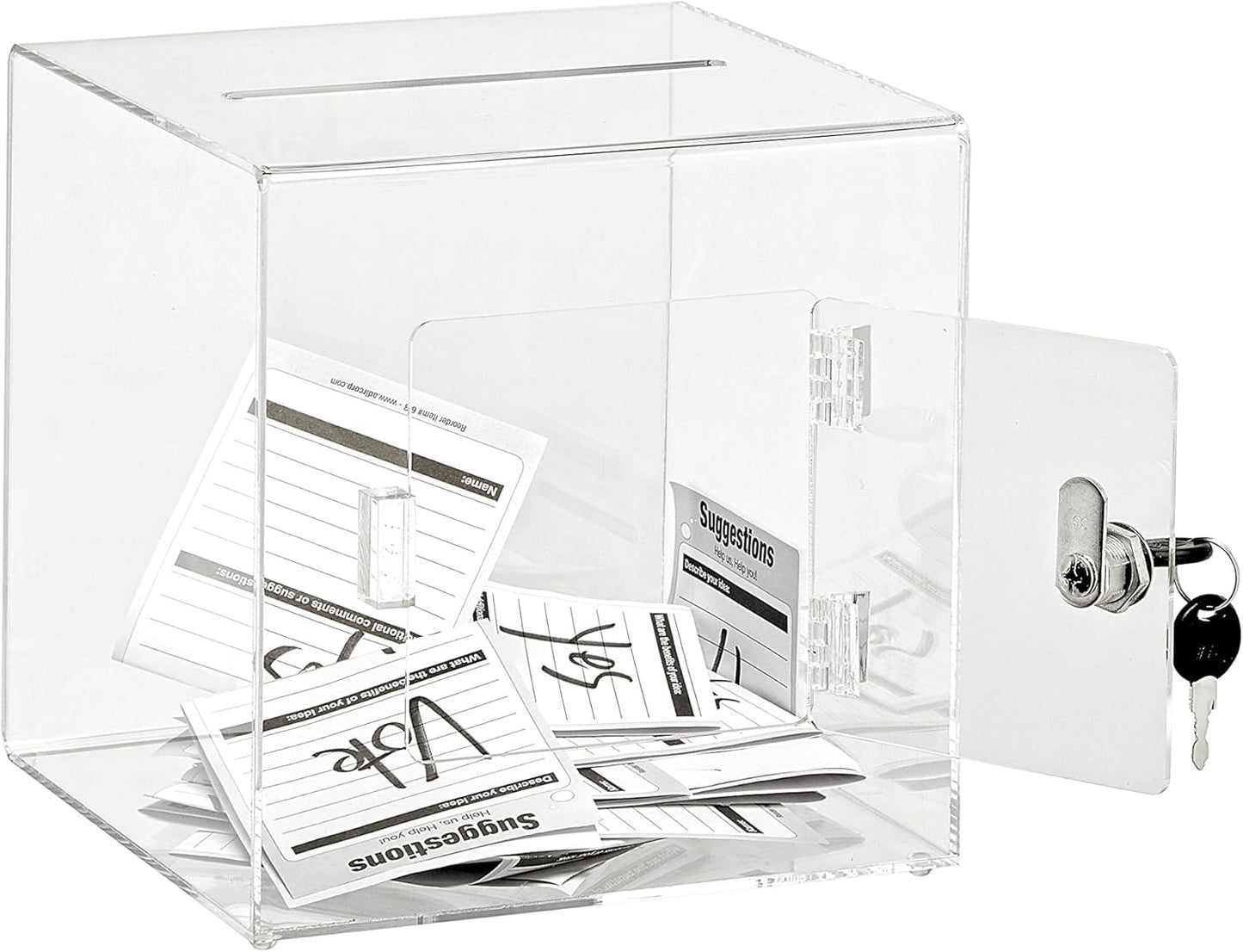 Clear Acrylic Donation and Suggestion Box with Lock and Rear Door, 20 x 20 cm, Slot for Voting, Charity Fundraising, Tips and Feedback Collection
