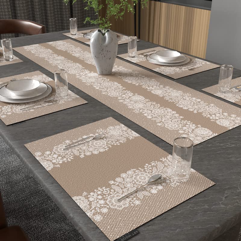 Slate Leaf 7-Piece Dining Set, includes 6 Durable Canvas Placemats (45x30 cm) and 1 Table Runner (35x140 cm), Beige & Blue, a Geometric Design to Protect and Style your Table