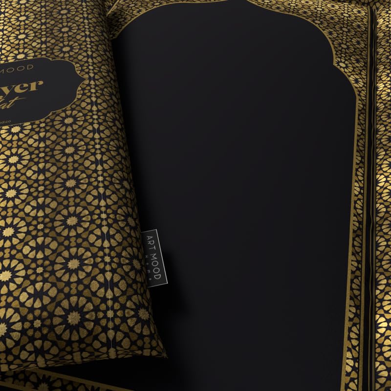 Velvet Prayer Rug Mat in a timeless Gold and Black design, 68x117 cm, a soft and comfortable Islamic rug that provides an ideal surface for your daily prayers and moments of reflection