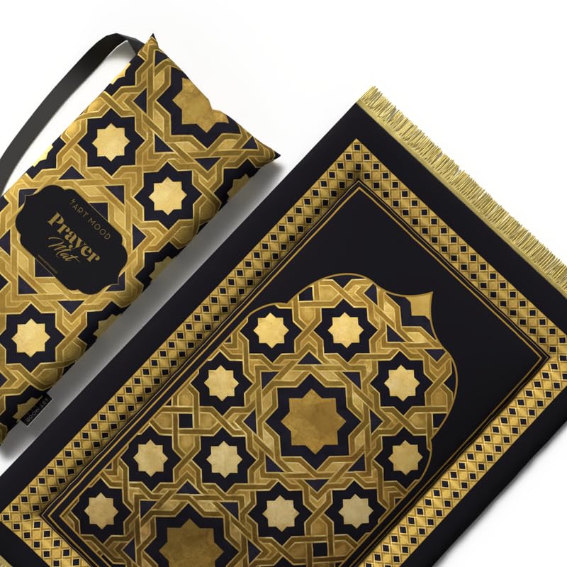 Padded Prayer Rug Mat in soft velvet, Gold and Black, 68x117 cm, a luxurious and thick cushioned rug, providing exceptional comfort for knees and forehead during daily devotion
