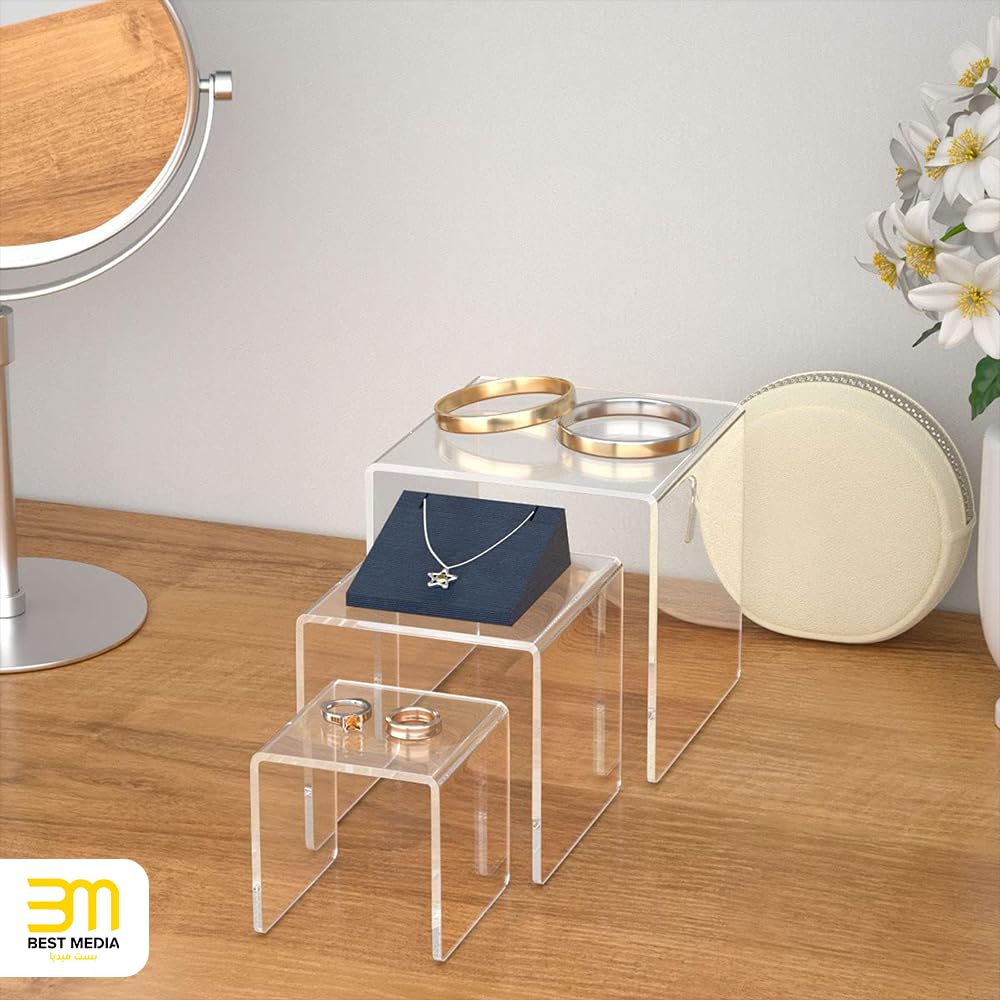2 Sets of Clear Acrylic Display Risers, 3-Tier Stand Showcases for Dessert Tables, Jewelry Displays, Collectibles, Retail Counters, Sturdy Transparent Presentation, Clear