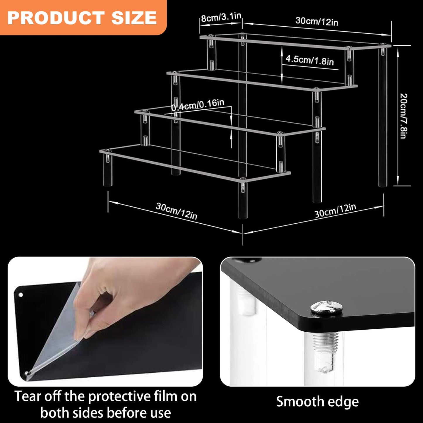 4-Tier Acrylic Display Stand, Black Clear Step Riser Shelf for Perfume Bottles, Pop Figures, Cupcakes, and Product Showcases, Elegant Multi-Level Organizer for Home or Events - Black