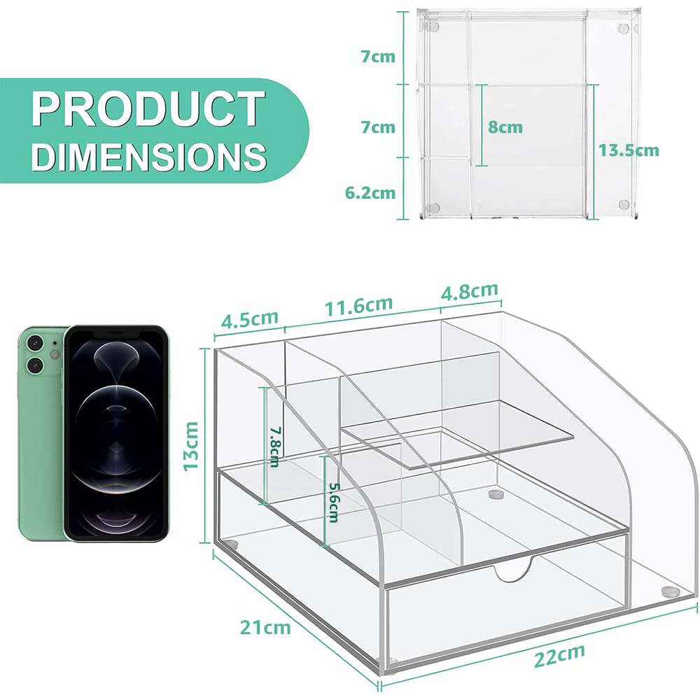 Multifunctional Clear Acrylic Desk Organizer Station with Drawer, 8-Compartment Desktop Pen and Paper Holder for Office Supplies, A4 Magazines, and Art Supply Storage