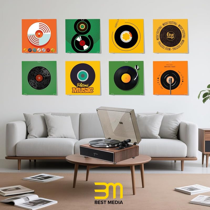 Clear Acrylic Vinyl Record Display Shelves, 4 Sets (12 Pcs) Wall Mount Album Cover Holder with Adhesive Tape, No-Screw Music Organizer for Double LP Home Decor & Now Playing Stand