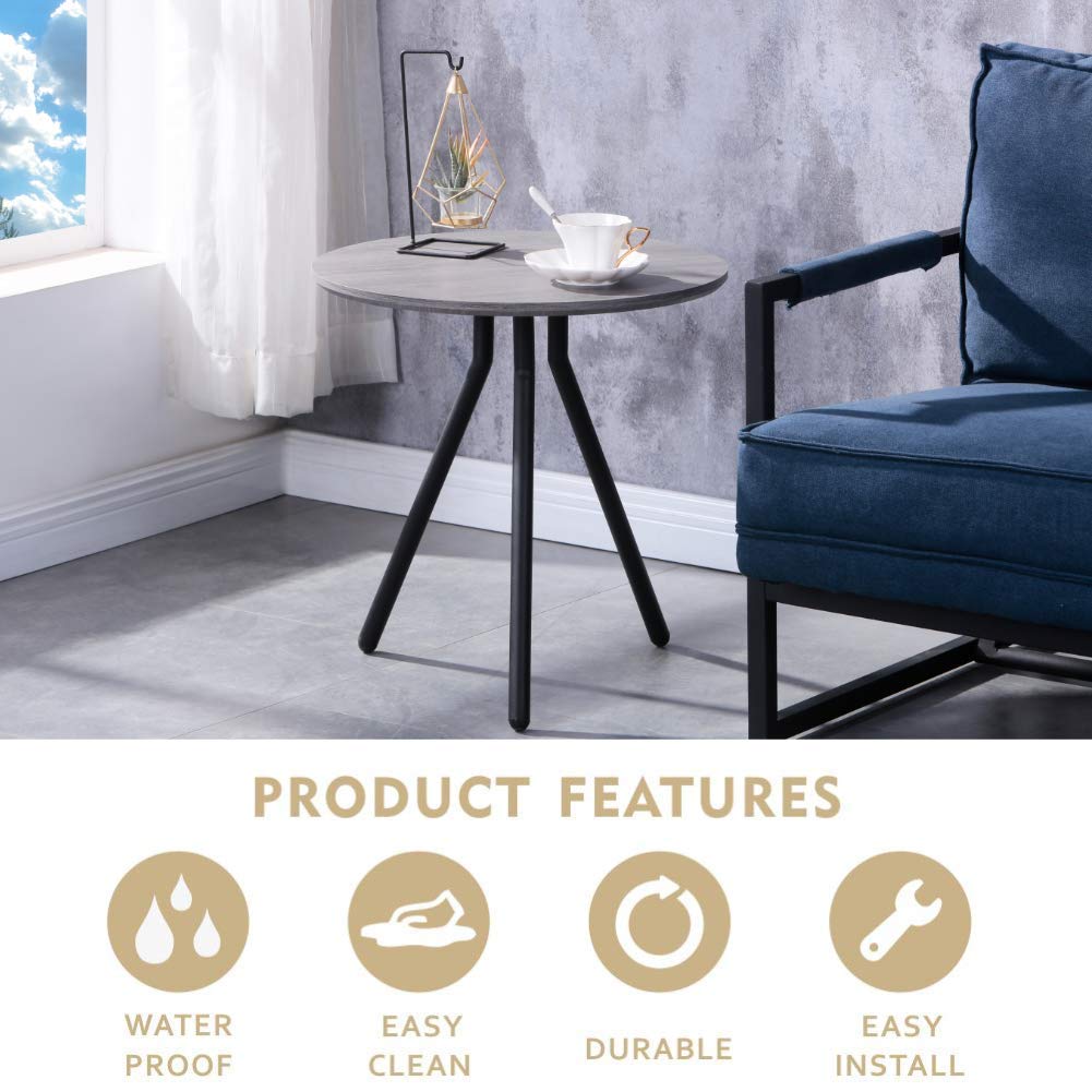 Retro Wood Side End Table for Sofa Small Round Modern Coffee Table 50cm with Black Metal Legs for Living Room, Grey