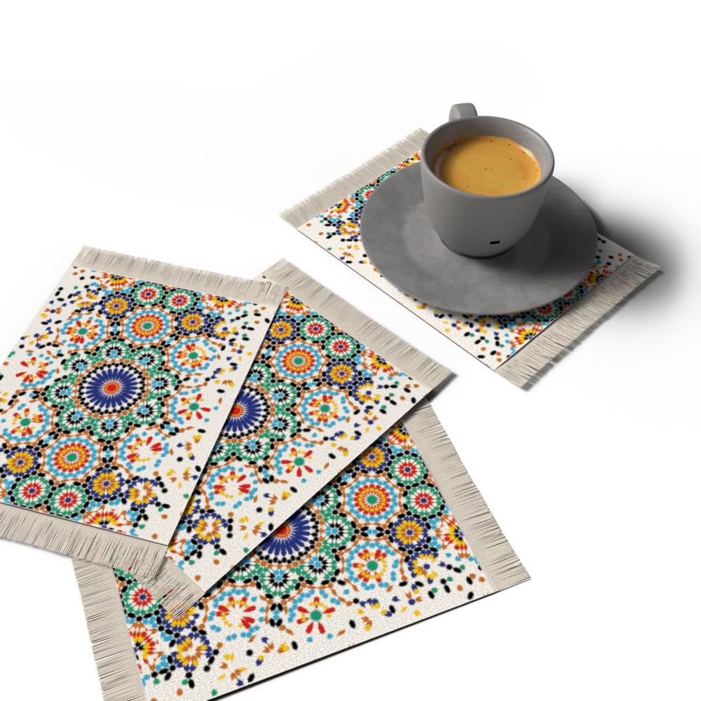 Rug Coaster Set – Set of 4 Mini Carpet Coasters with Velvet Surface & Leather Backing, Non-Slip, 14x9 cm, Elegant Table Protection & Gift Idea
