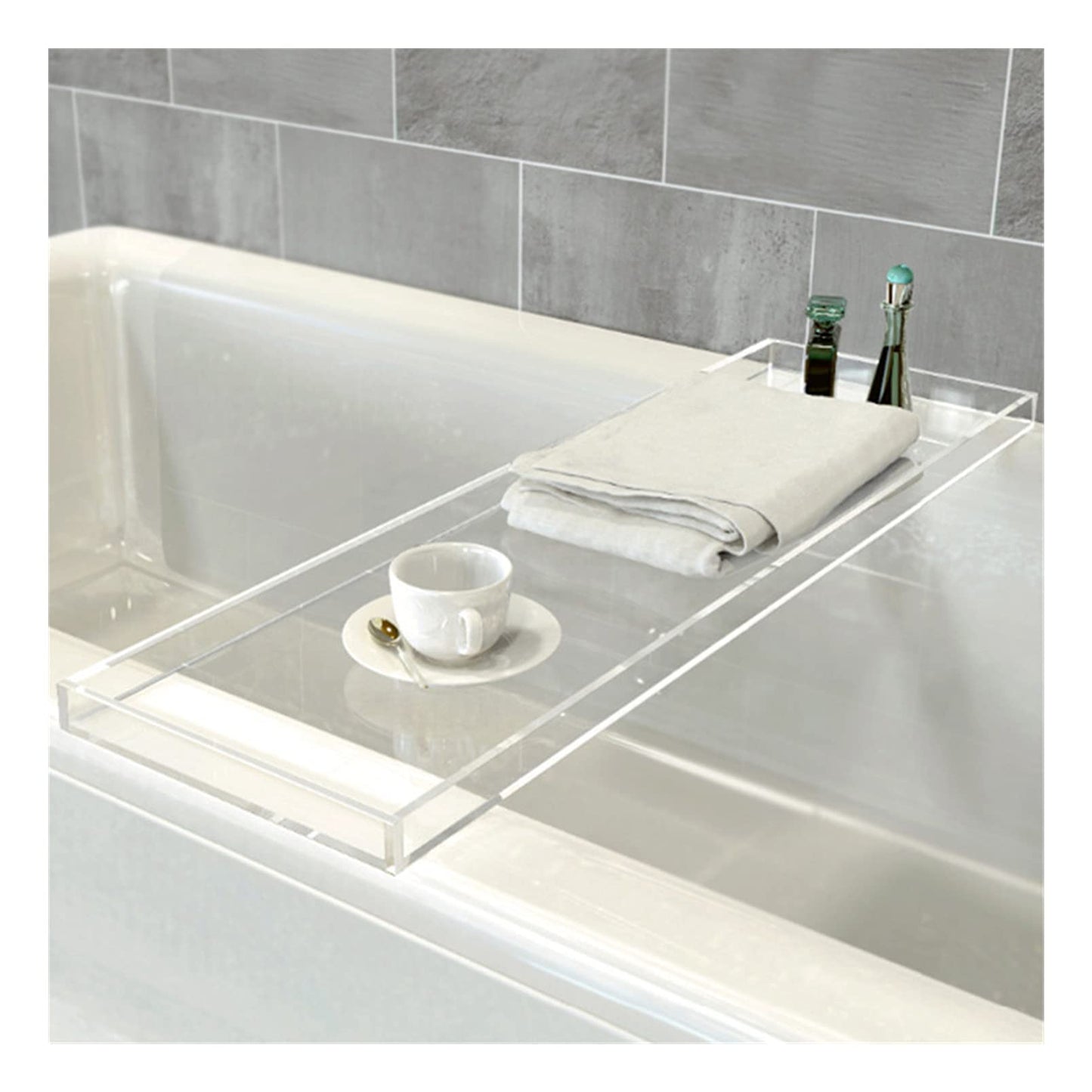 Bathtub Tray Caddy, Luxury Acrylic Bath Tub Shelf and Organizer, 82 x 20 cm Spa Tray with Tablet Holder, Perfect for Holding Books, Candles and Bath Essentials, Relaxation Accessory, Clear