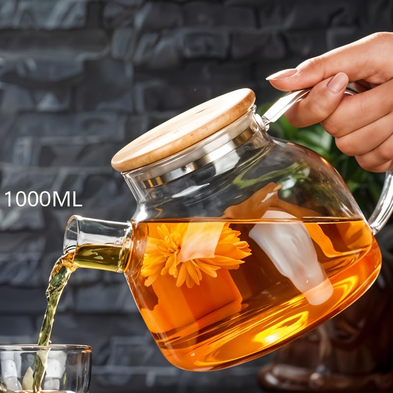Glass Teapot with Infuser - 1000ML Borosilicate Teapot with Stainless Steel Strainer and Bamboo Lid, Stovetop Safe, Comfortable Handle, Ideal for Loose Leaf Tea And Fruit Tea