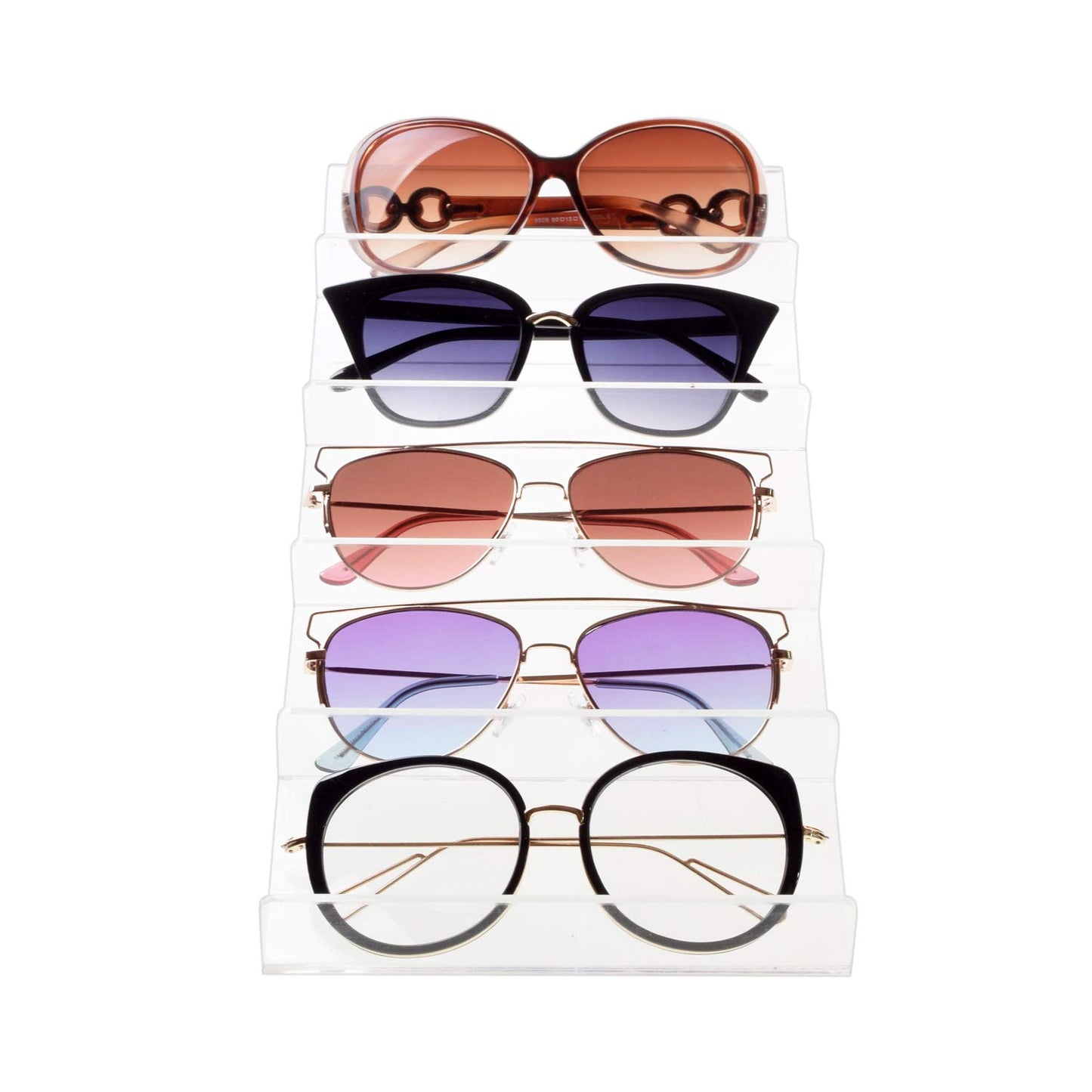 Acrylic Eyewear Stand Holder, Clear Display Rack Organizer for 5 Pairs of Eyeglasses or Sunglasses, Vertical Storage Stand for Desktop, Closet, or Retail Counter Use, Clear