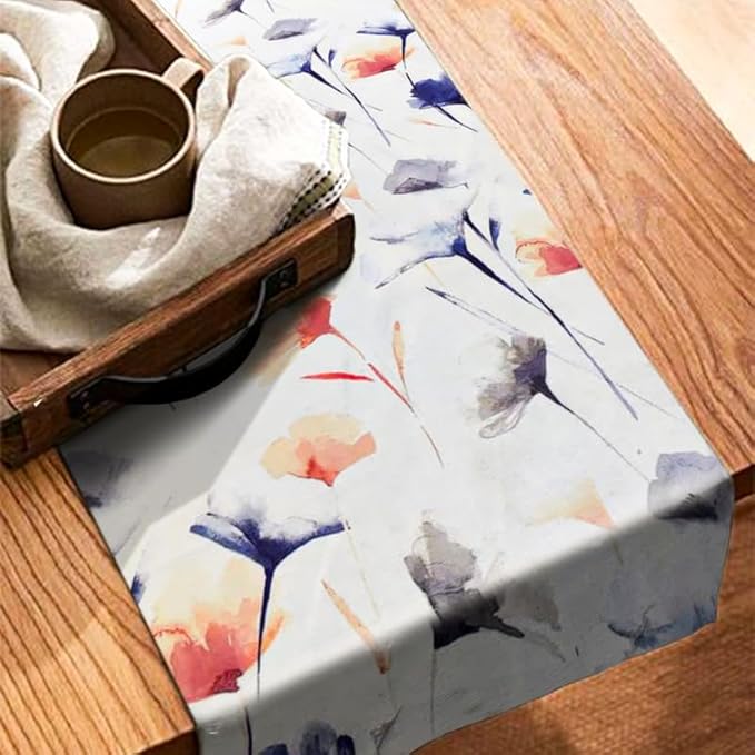 Table Runner, Sou Floral Pattern, Premium Linen Velvet Fabric, Straight End Design, Off-White x Navy Blue x Blush, Wrinkle-Resistant, 1 Pc Table Décor for Living and Dining Room