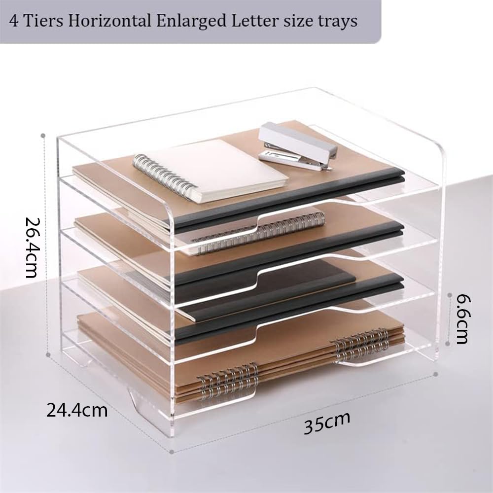 Acrylic Paper Organizer Tray, 4-Tier Clear File Storage Rack for Desk, Enlarged Letter Trays for Office Supplies, Suitable for Organizing Documents, Folders and Accessories, Clear