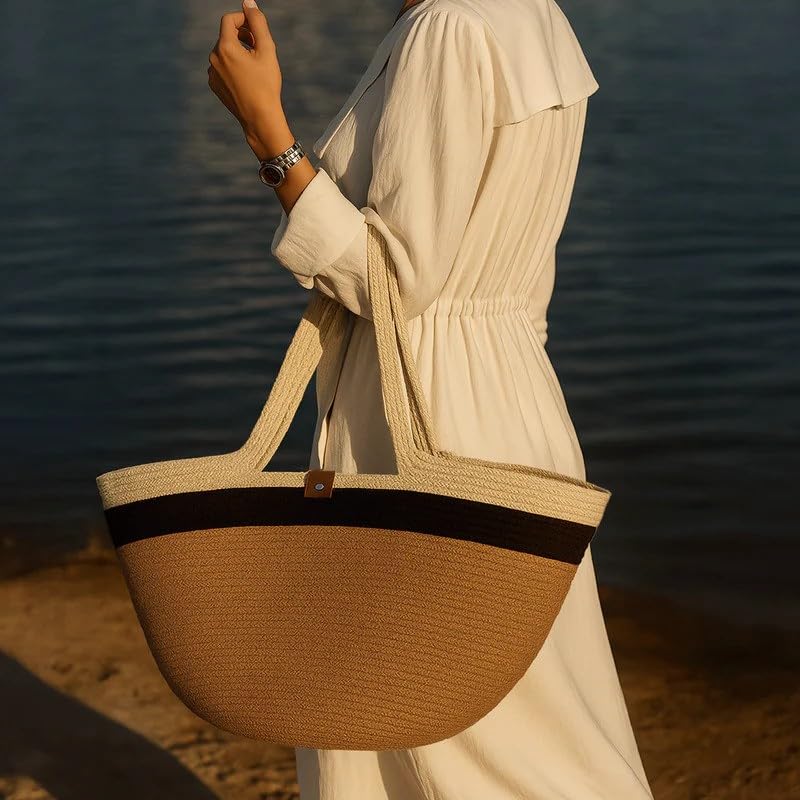 Cotton Rope Bag, 65×32 cm Woven Tote with Soft Handles, Eco-Friendly Textured Shoulder Bag for Beach Market Daily Use, Spacious Handcrafted Carryall for Women