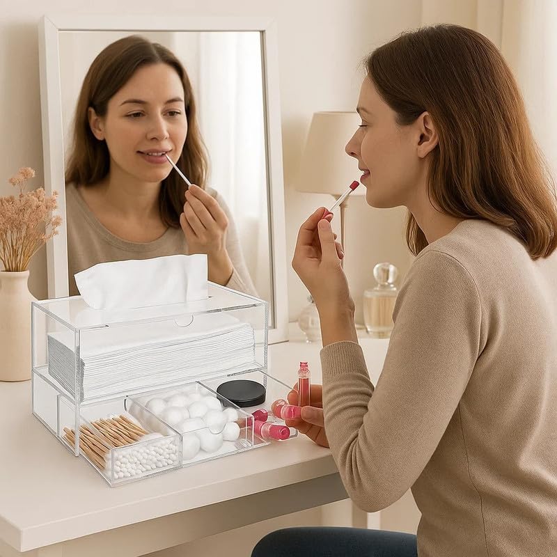 2-Tier Acrylic Tissue and Cosmetic Organizer Box, 23.5 x 12.7 x 16 cm, Multipurpose Storage with Tissue Compartment and 3 Drawers for Makeup, Cotton Pads, Jewelry and Desk Essentials