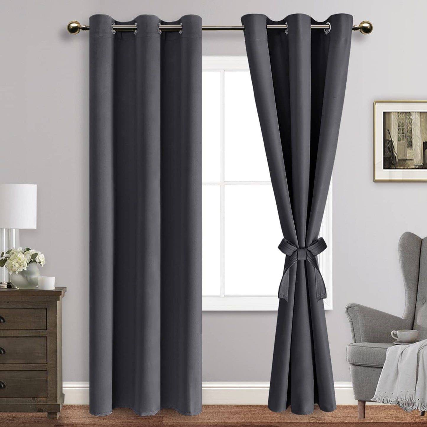 Blackout Curtains with Tiebacks - Thermal Insulated, Light Blocking and Noise Reducing Grommet Curtain Drapes for Bedroom and Living Room, Set of 2 Panels,