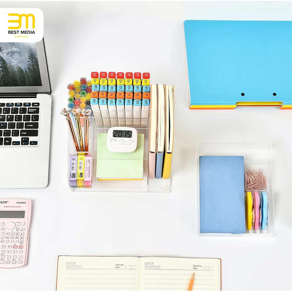 Multifunctional Clear Acrylic Desk Organizer Station with Drawer, 8-Compartment Desktop Pen and Paper Holder for Office Supplies, A4 Magazines, and Art Supply Storage