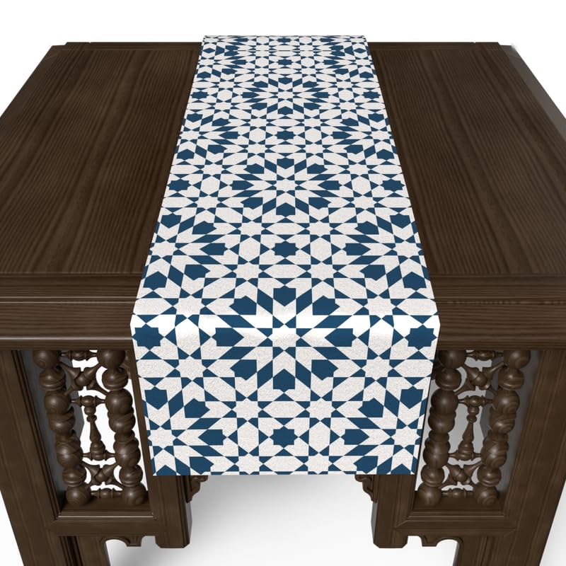 Ramadan's Unique Topaz Velvet Runner in White & Blue, a 35x140 cm Decorative Centerpiece with an Elegant Pattern, perfect for adding a Festive Touch to your Ramadan or Eid Dining Decor