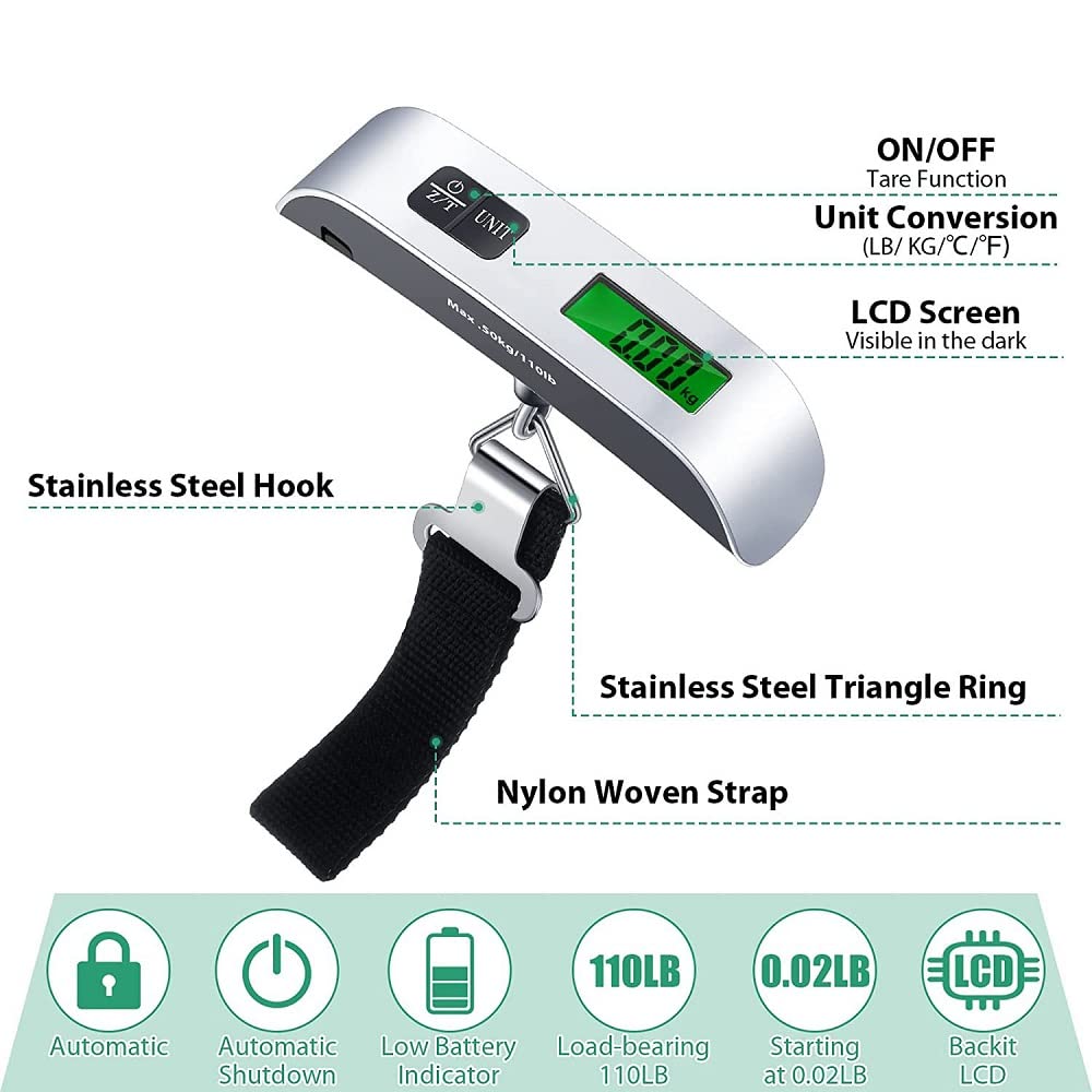 Electronics Travel Luggage Scale with Digital Display, Portable Weighing Scales for Suitcase and Bags, Measures Up to 50 Kg, Includes Temperature Sensor, Ideal for Travel (Silver)