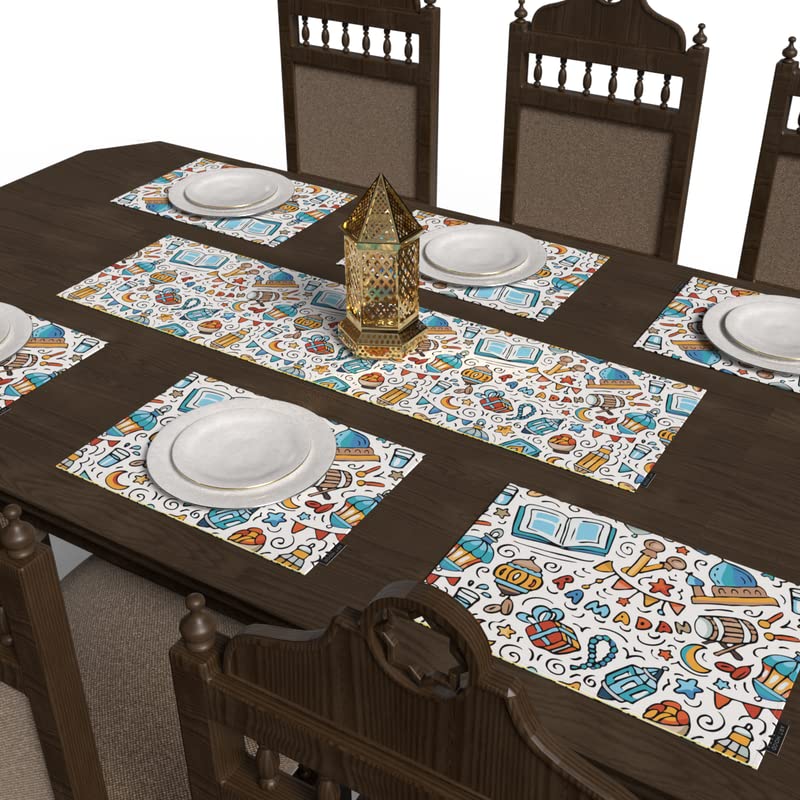 طقم طاولة طعام أوروس مكون من 7 قطع، مع 6 مفارش طعام قماشية متعددة الألوان (45 × 30 سم) و1 مفرش (35 × 140 سم)، يتميز بتصميم إسلامي فني فريد من نوعه لعرض طعام نابض بالحياة.