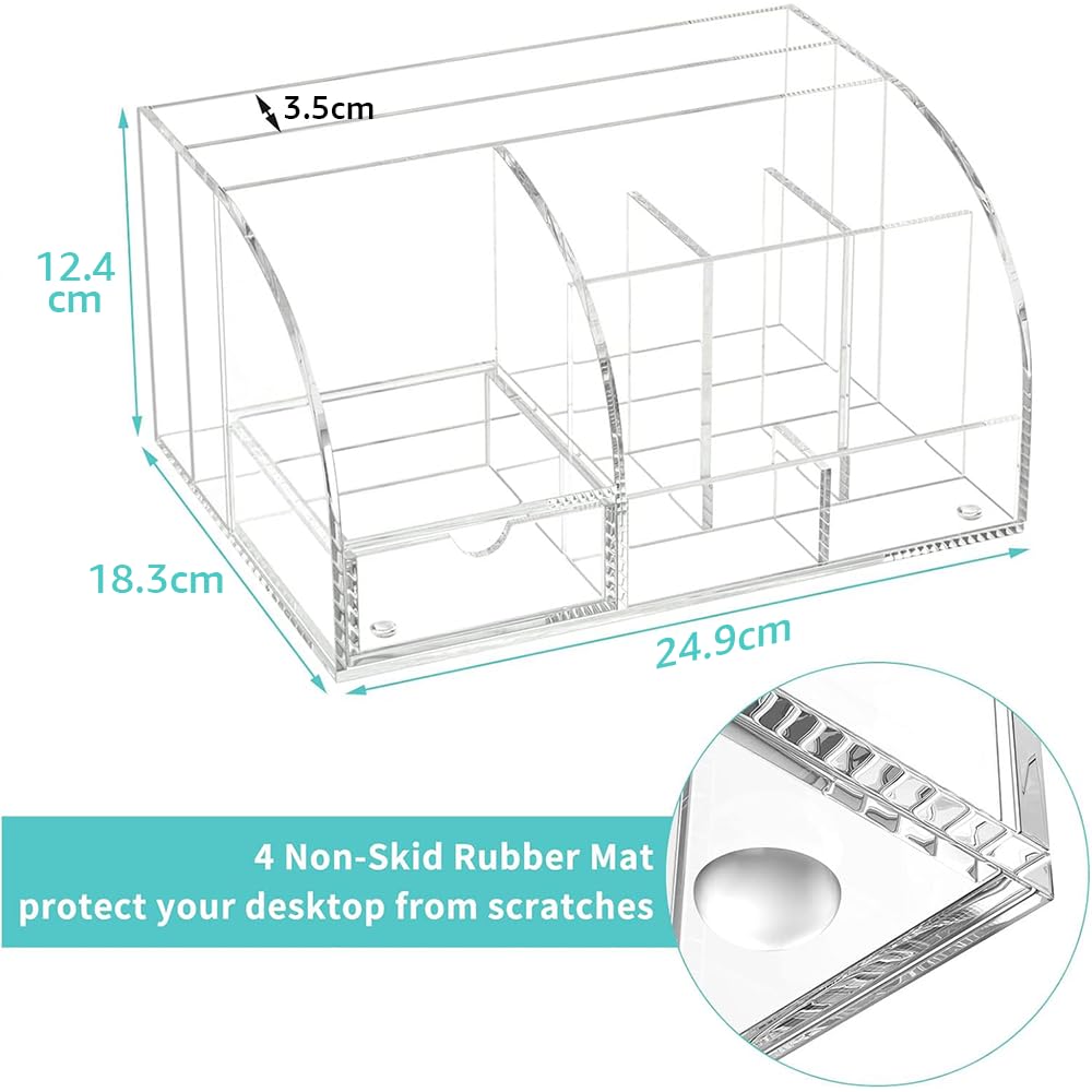 Acrylic Desk Organizer, Clear Office Supplies Storage Solution with 8 Compartments & 1 Sliding Drawer, Multi-Functional Desktop Stationary Caddy for Home, School & Office Use