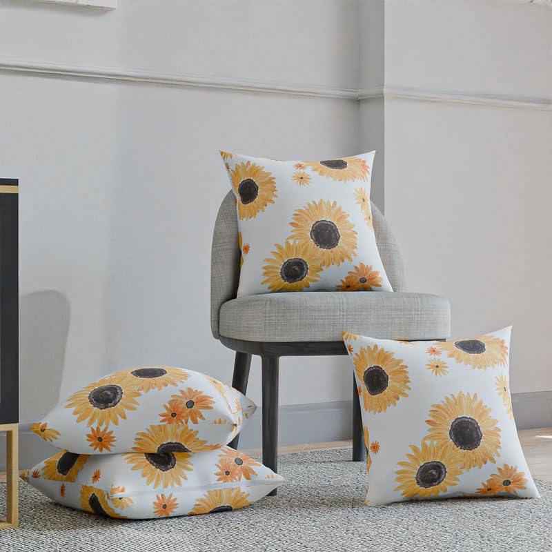 Sun Flower Cushion Cover, made from a soft Cotton-Like fabric in White & Yellow, 40x40 cm, a bright and cheerful decorative pillow ideal for bringing a sunny, positive vibe to any room