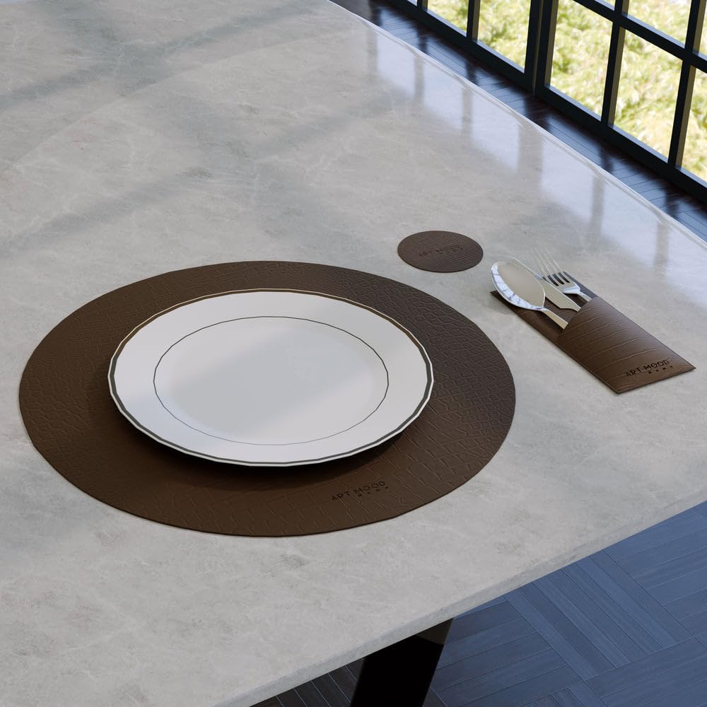 Leather Placemat Set with Coasters And Holders - Faux Leather Dining Table Protection - Heat And Scratch Resistant