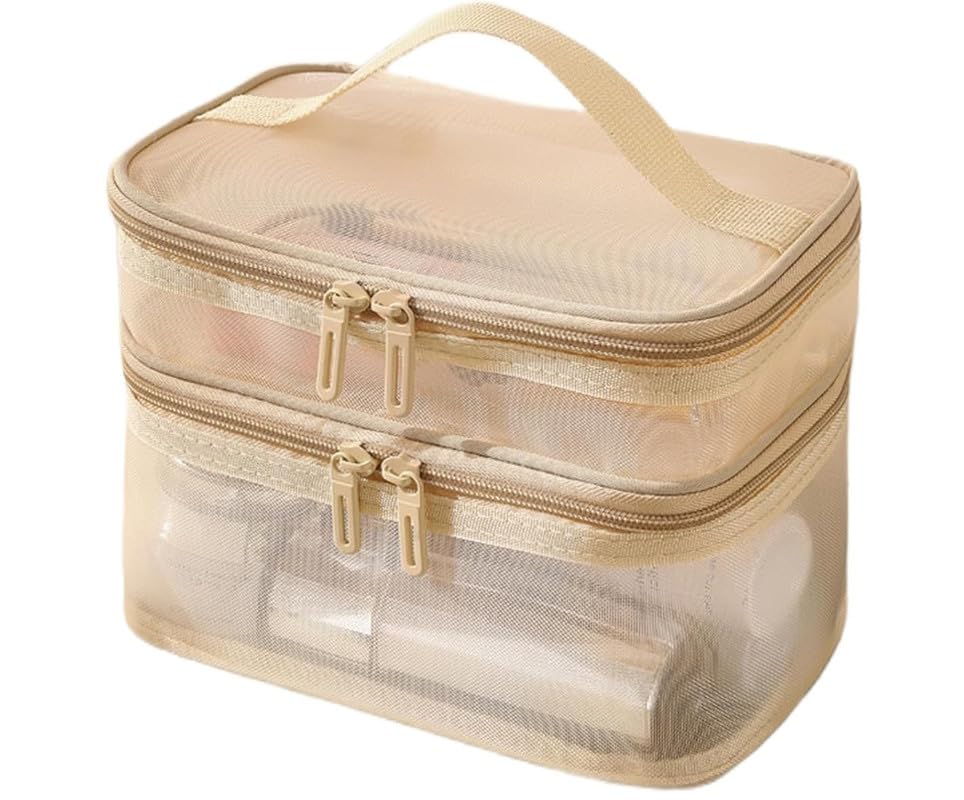 Double Layer Makeup Bag, Large Mesh Travel Cosmetic Pouch with Double Zipper, Vertical Multifunctional Toiletry Bag for Makeup Brushes