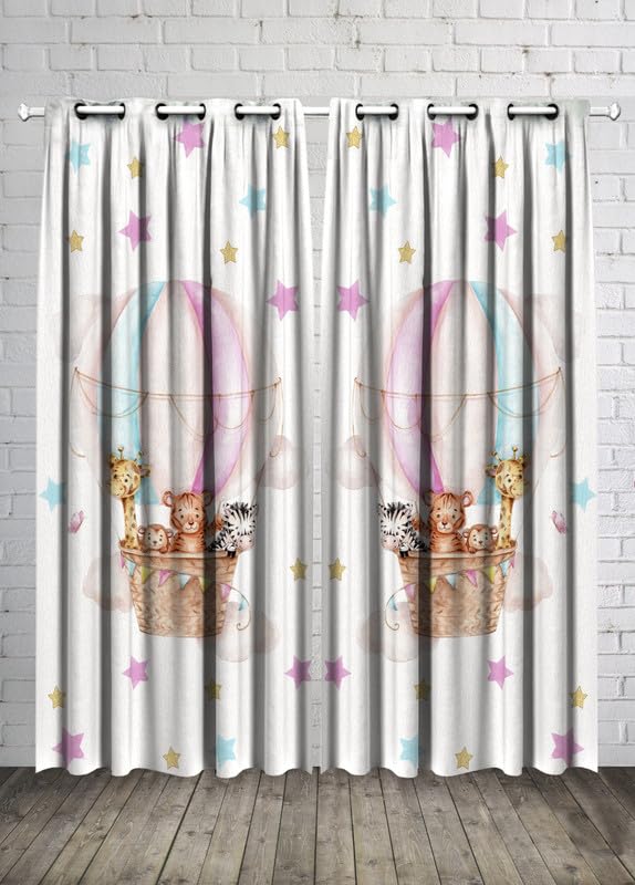 Kids Room Balloons and Safari Animals Baby Girl Curtain -Linen Velvet Fabric -Privacy - Steel Grommets - 2 Pieces