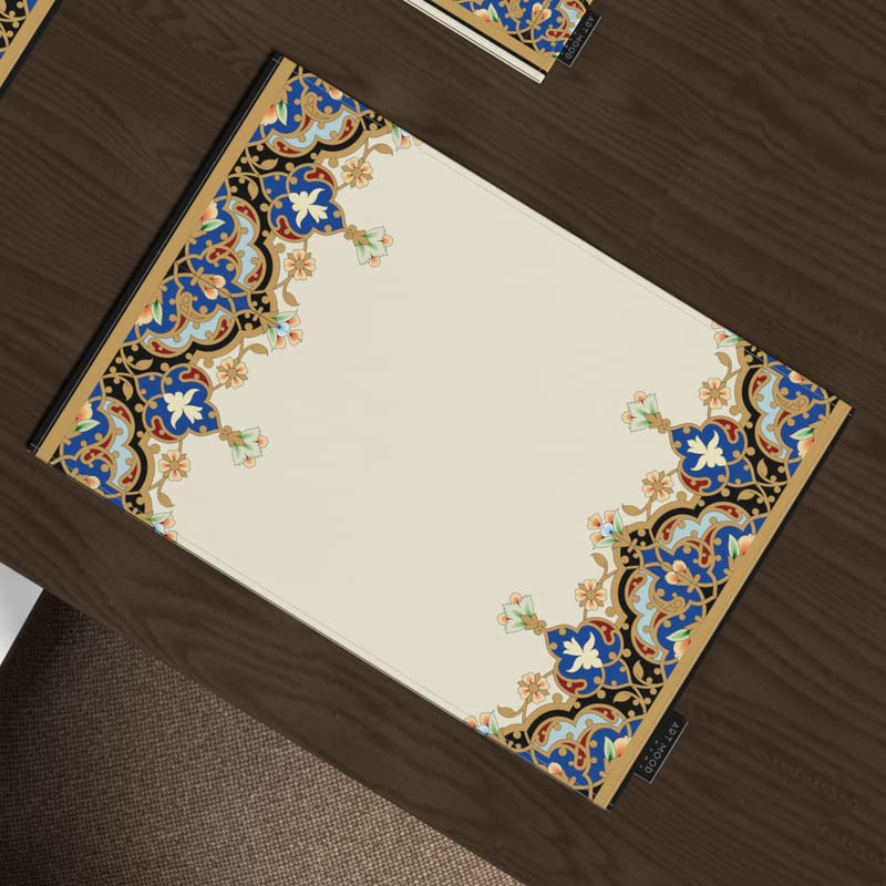Taj 7-Piece Dining Set, with 6 multicolor canvas placemats (45x30 cm) and 1 table runner (35x140 cm), featuring a majestic Islamic-inspired design for a regal, festive tablescape