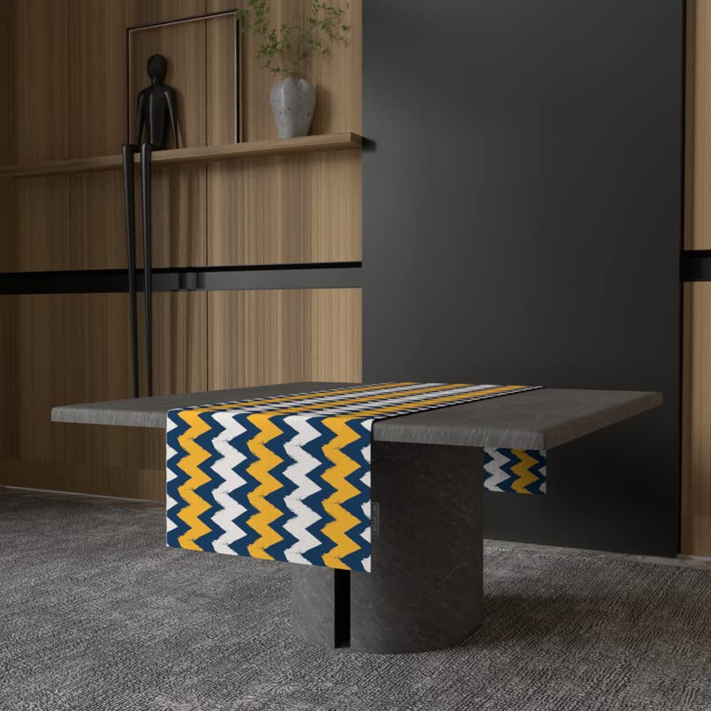 June Zigzag Velvet Table Runner, a Plush Multicolor 35x140 cm Decorative Centerpiece with a Chic and Lively Chevron Design, combines a Classic Pattern with a Luxurious Feel