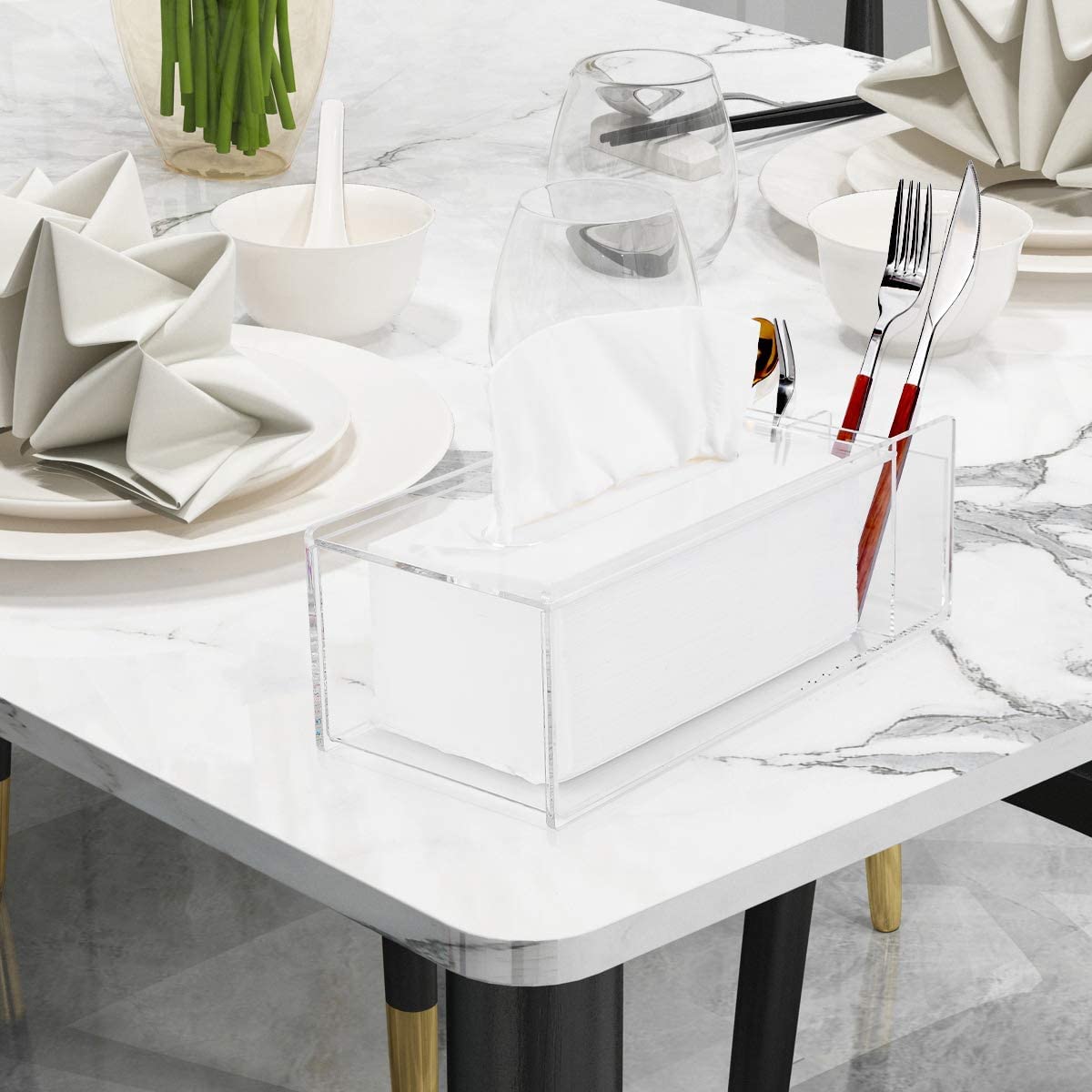 Acrylic Tissue Box with Storage, 30x13x10 cm Clear Rectangle Napkin Holder with Side Organizer for Desktop, Bathroom, Vanity or Office Use, Dual Function Tissue Dispenser, Clear