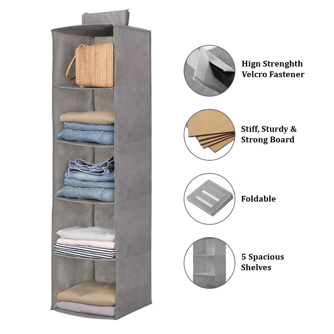 5-Shelf Hanging Closet Organizer, Foldable Cupboard Storage with Easy Fastening Strap, Space-Saving Clothes & Shoe Rack, Grey, 30x30x100 cm