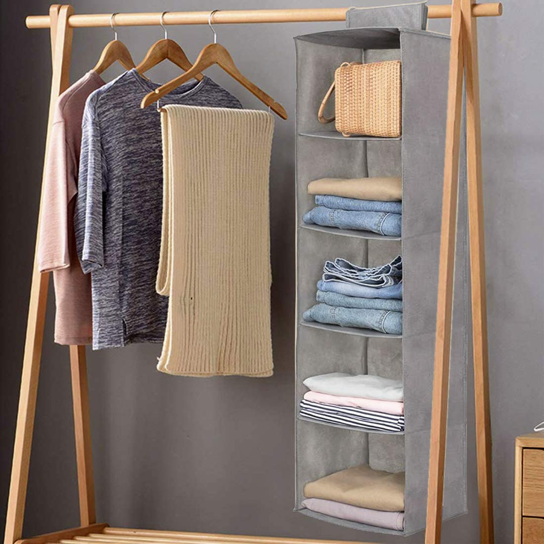 5-Shelf Hanging Closet Organizer, Foldable Cupboard Storage with Easy Fastening Strap, Space-Saving Clothes & Shoe Rack, Grey, 30x30x100 cm