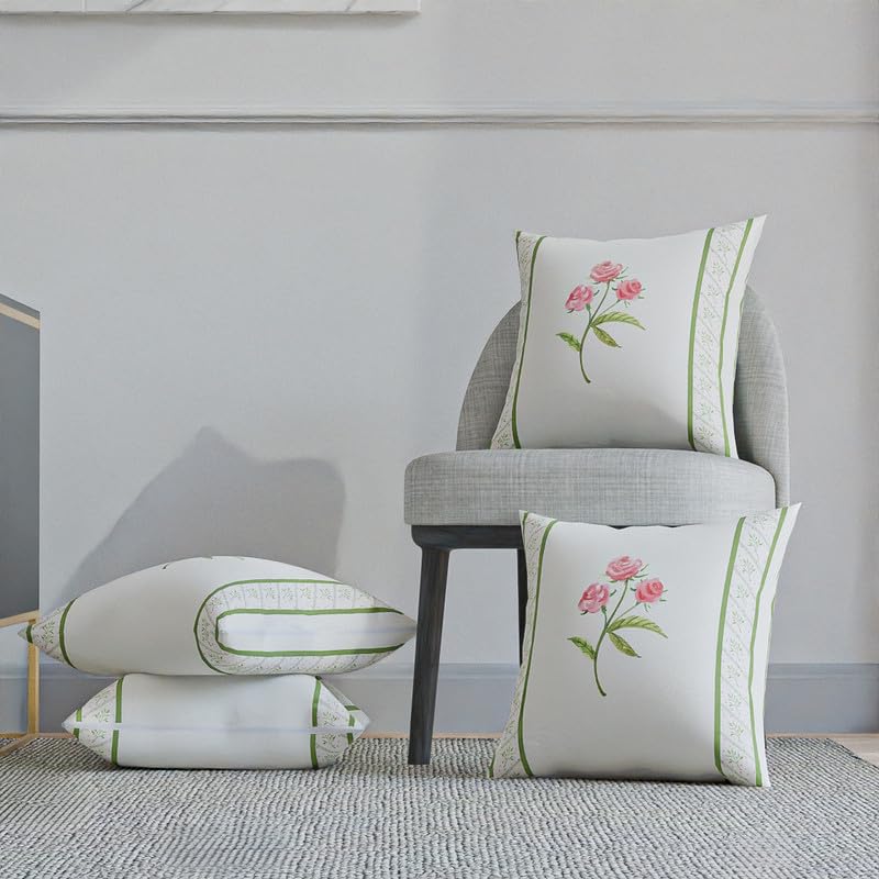 Azure Cushion Cover in a soft Cotton-Like fabric, featuring a beautiful White, Pink, and Green floral design, 40x40 cm, a charming and decorative accent for any sofa, couch or bedroom