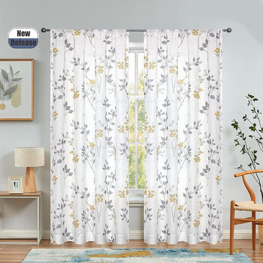 Rich Natural Linen curtains - Printed floral curtains- Semi-transparent - Road Pocket grommets for living room, bedroom, kitchens, 1 piece