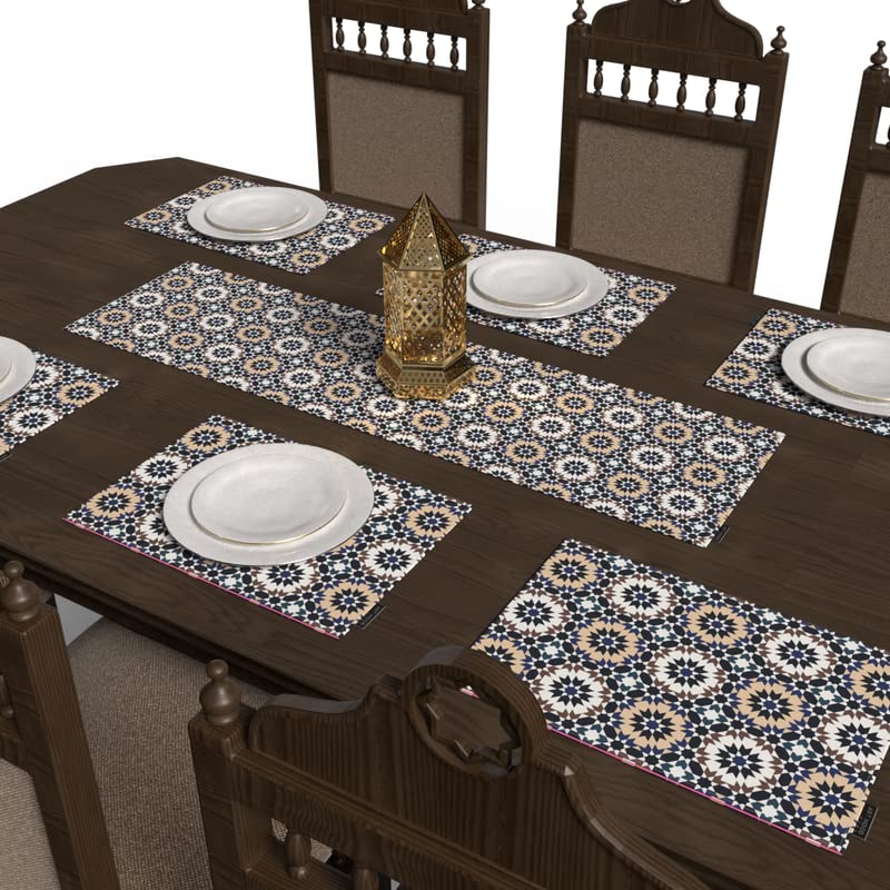 Kai 7-Piece Dining Linens Set, with 6 multicolor canvas placemats (45x30 cm) and 1 table runner (35x140 cm), with a unique artistic Islamic design to elevate your dining experience