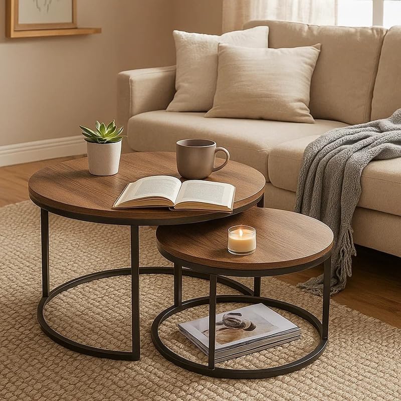 Modern Nesting Coffee Table Set of 2, Round Industrial Wood and Metal Accent Tables, 65x65x45 cm, Stackable Design for Living Room, Powder-Coated Steel Frame, Space-Saving Stylish Home Decor