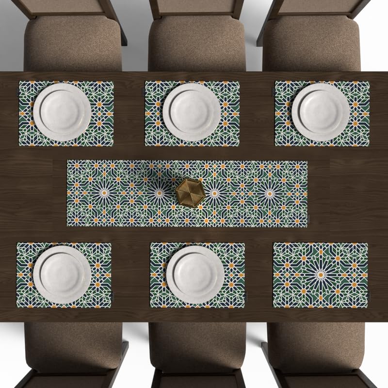 Ramadan's Unique Adden Velvet Runner in Green & Blue, a Rich 35x140 cm Decorative Centerpiece with a Garden-Inspired Islamic Pattern, bringing a sense of Paradise to your Ramadan Decor