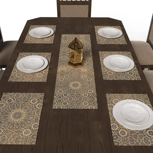 Diwan 7-Piece Dining Table Set, with 6 multicolor canvas placemats (45x30 cm) and 1 runner (35x140 cm), featuring a traditional Islamic design for an elegant, festive tablescape